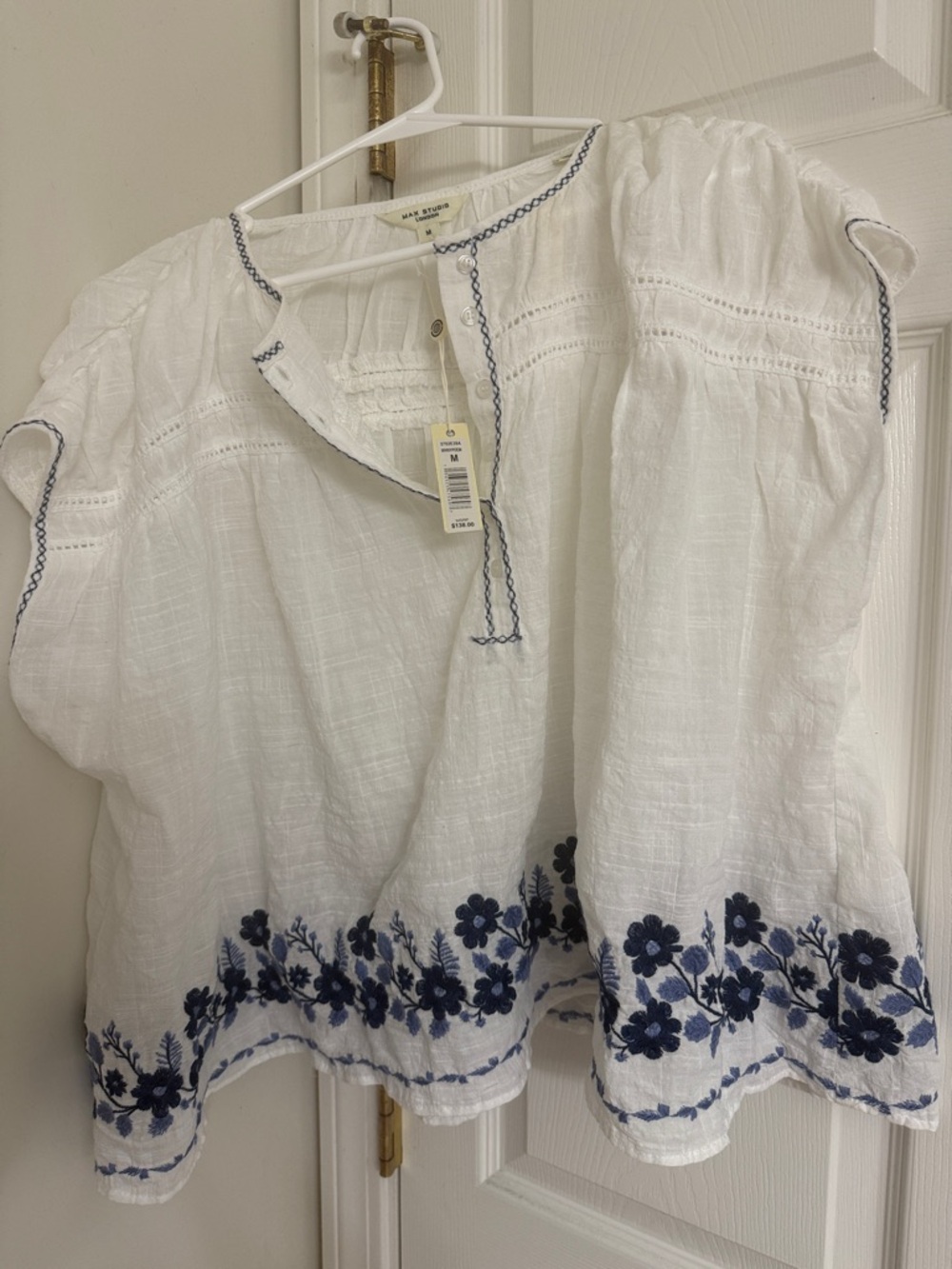 Gorgeous new size Max London medium White Peasant Blouse Navy Floral Embroidery